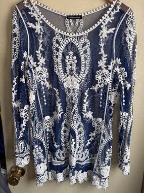 You Are Not Alone Sheer Navy Blue and White Embroidered Oversized Top - Medium